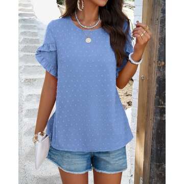 PRETTYGARDEN Women's Shirts Summer Casual Crewneck Petal Short Sleeve Blouses Cute Swiss Dot Bohemian Loose Tunic Tops(Blue,Small)