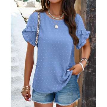 PRETTYGARDEN Women's Shirts Summer Casual Crewneck Petal Short Sleeve Blouses Cute Swiss Dot Bohemian Loose Tunic Tops(Blue,Small)