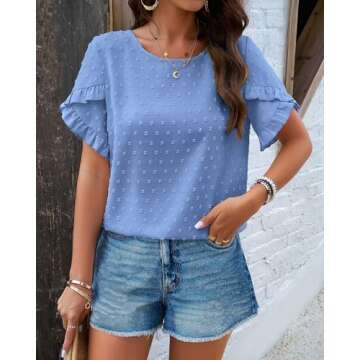 PRETTYGARDEN Women's Shirts Summer Casual Crewneck Petal Short Sleeve Blouses Cute Swiss Dot Bohemian Loose Tunic Tops(Blue,Small)