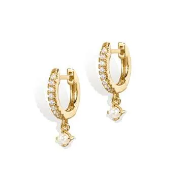 PAVOI 14K Gold Plated 925 Sterling Silver Post Huggie With Dangle | Small Hinged Hoop Earrings For Women | Trendy CZ Pearl Yellow Hoop