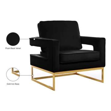 Meridian Furniture Modern | Contemporary Black Velvet Upholstered Accent Chair with Stainless Steel Base in a Rich Gold Finish, 33.5" W x 29.5" D x 35.5" H,