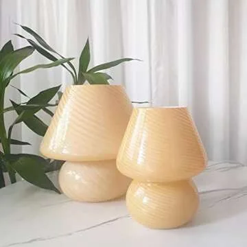 Swirl Mushroom Lamp, Translucent Glass Table Bedside Lamps Italian Style Modern Striped Desk Light for Baby Home Decoration of Dining, Living, Study (Bright Yellow, Maxi Dia8.7*H9.9 Inches)