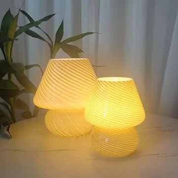 Swirl Mushroom Lamp, Translucent Glass Table Bedside Lamps Italian Style Modern Striped Desk Light for Baby Home Decoration of Dining, Living, Study (Bright Yellow, Maxi Dia8.7*H9.9 Inches)
