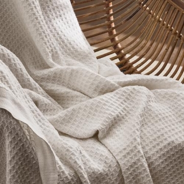Bedsure 100% Cotton Large Throw Blanket for Couch 50x70 inches - Breathable and Soft, Waffle Weave Throw Blanket for Office, Light Beige