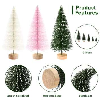 30Pcs Mini Christmas Trees Artificial Christmas Tree Bottle Brush Trees with Wooden Base for Christmas Decor Christmas Party Home Table Craft Decorations(Green+Beige+Pink)