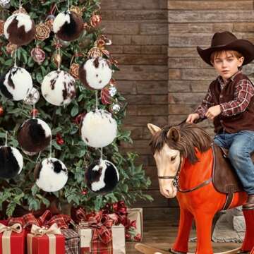 10PCS Cow Print Christmas Balls Ornament Set 3.1" Large Cow Faux Fur Christmas Hanging Balls Decorat...