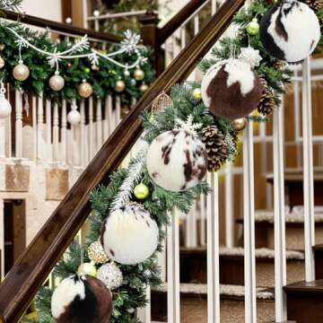 10PCS Cow Print Christmas Balls Ornament Set 3.1" Large Cow Faux Fur Christmas Hanging Balls Decorations Plush Balls Tree Ornaments for Western Farmhouse Home Holiday Party Xmas Tree Fireplace Decor