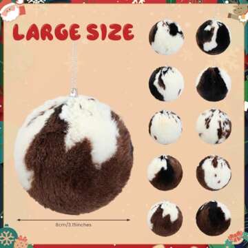 10PCS Cow Print Christmas Balls Ornament Set 3.1" Large Cow Faux Fur Christmas Hanging Balls Decorations Plush Balls Tree Ornaments for Western Farmhouse Home Holiday Party Xmas Tree Fireplace Decor