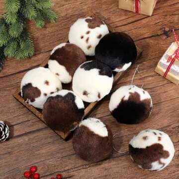 10PCS Cow Print Christmas Balls Ornament Set 3.1" Large Cow Faux Fur Christmas Hanging Balls Decorations Plush Balls Tree Ornaments for Western Farmhouse Home Holiday Party Xmas Tree Fireplace Decor
