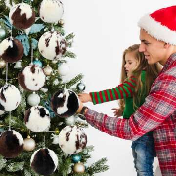 10PCS Cow Print Christmas Balls Ornament Set 3.1" Large Cow Faux Fur Christmas Hanging Balls Decorations Plush Balls Tree Ornaments for Western Farmhouse Home Holiday Party Xmas Tree Fireplace Decor