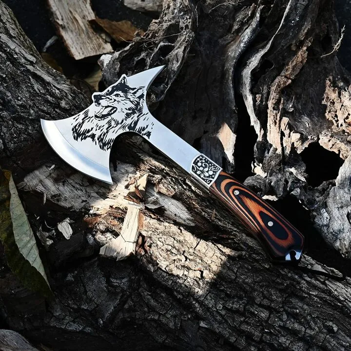 Promithi Camping Hatchet with Nylon Sheath and Wolf Etching