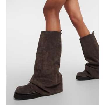 Fuazuzu Suede Platform Mid-Low Heel Calf Boots for Women - Round Toe Cowgirl Pull-On Chunky Booties ...