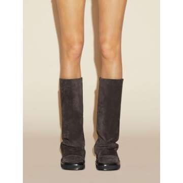 Fuazuzu Suede Platform Mid-Low Heel Calf Boots for Women - Round Toe Cowgirl Pull-On Chunky Booties for Wide Calf, Coffee 9