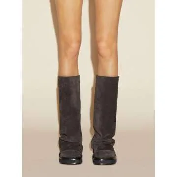 Fuazuzu Suede Platform Mid-Low Heel Calf Boots for Women - Round Toe Cowgirl Pull-On Chunky Booties for Wide Calf, Coffee 9