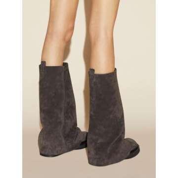 Fuazuzu Suede Platform Mid-Low Heel Calf Boots for Women - Round Toe Cowgirl Pull-On Chunky Booties for Wide Calf, Coffee 9