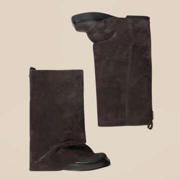 Fuazuzu Suede Platform Mid-Low Heel Calf Boots for Women - Round Toe Cowgirl Pull-On Chunky Booties for Wide Calf, Coffee 9