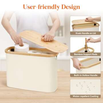 Lifewit Toilet Paper Storage, Bamboo Toilet Paper Basket with Lid and Handle, Free Standing Toilet Paper Holder Stand, Bathroom Organizer Cabinet Container Accessories, White