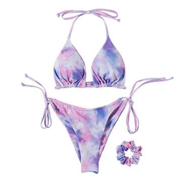 SUUKSESS Women String Triangle Bikini Sets Tie Side Thong Sexy Halter Swimsuits 2 Pieces (Purple, L)