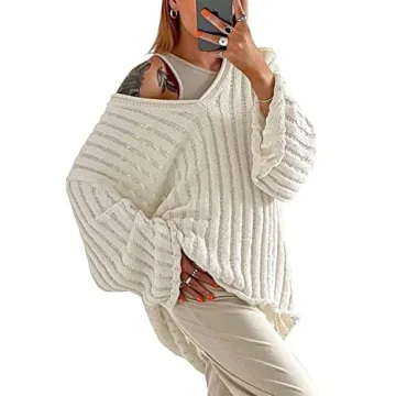 MISSACTIVER Women’s Oversized Long Sleeve Sexy V Neck Off Shoulder Knit Sweater