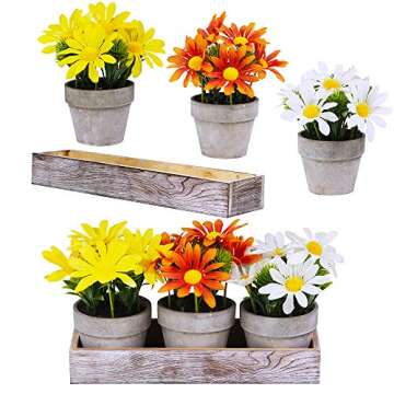 Set of 3 Artificial Daisy Flowers in Pots Orange Yellow White Silk Sunflower Mini Potted Plants Arra...
