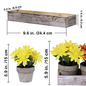 Set of 3 Artificial Daisy Flowers in Pots Orange Yellow White Silk Sunflower Mini Potted Plants Arrangement with Wood Planter Box for Spring Summer Indoor Office Tabletop Décor Wedding Centerpiece