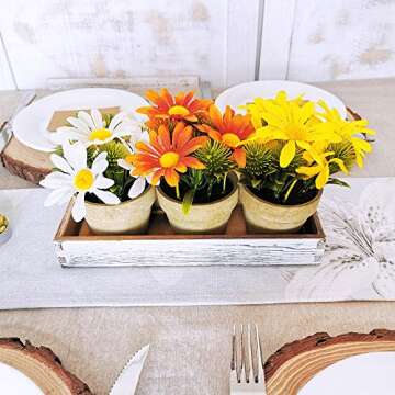 Set of 3 Artificial Daisy Flowers in Pots Orange Yellow White Silk Sunflower Mini Potted Plants Arrangement with Wood Planter Box for Spring Summer Indoor Office Tabletop Décor Wedding Centerpiece