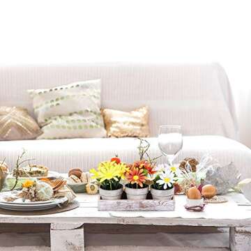 Set of 3 Artificial Daisy Flowers in Pots Orange Yellow White Silk Sunflower Mini Potted Plants Arrangement with Wood Planter Box for Spring Summer Indoor Office Tabletop Décor Wedding Centerpiece