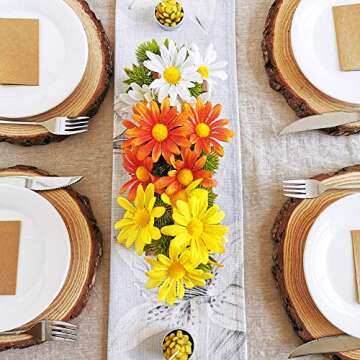 Set of 3 Artificial Daisy Flowers in Pots Orange Yellow White Silk Sunflower Mini Potted Plants Arrangement with Wood Planter Box for Spring Summer Indoor Office Tabletop Décor Wedding Centerpiece