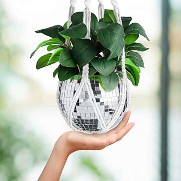 Disco Ball Planter with Macrame Cotton Rope Plant Hanger - 6 Inch - Mirrored Flower Pot with Flat Bo...