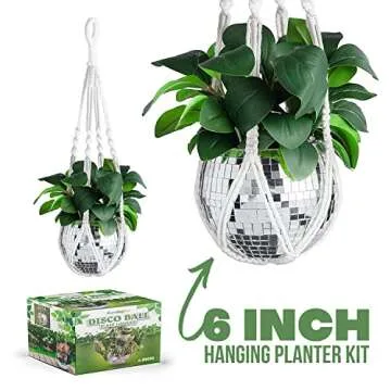 Disco Ball Planter with Macrame Cotton Rope Plant Hanger - 6 Inch - Mirrored Flower Pot with Flat Bottom, Self Watering Insert for Indoor and Outdoor Plants - Boho Style Decor, Simple Fun Room Decor