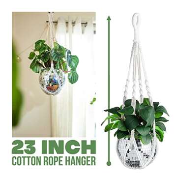 Disco Ball Planter with Macrame Cotton Rope Plant Hanger - 6 Inch - Mirrored Flower Pot with Flat Bottom, Self Watering Insert for Indoor and Outdoor Plants - Boho Style Decor, Simple Fun Room Decor
