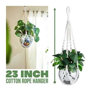 Disco Ball Planter with Macrame Cotton Rope Plant Hanger - 6 Inch - Mirrored Flower Pot with Flat Bottom, Self Watering Insert for Indoor and Outdoor Plants - Boho Style Decor, Simple Fun Room Decor