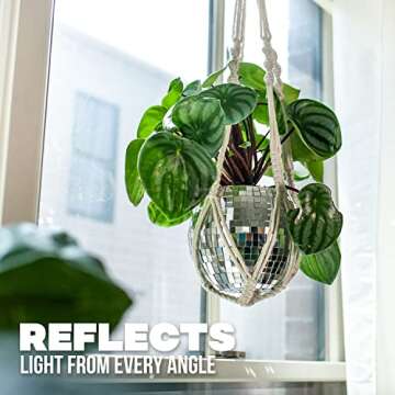 Disco Ball Planter with Macrame Cotton Rope Plant Hanger - 6 Inch - Mirrored Flower Pot with Flat Bottom, Self Watering Insert for Indoor and Outdoor Plants - Boho Style Decor, Simple Fun Room Decor