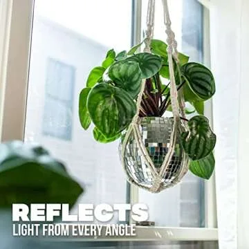 Disco Ball Planter with Macrame Cotton Rope Plant Hanger - 6 Inch - Mirrored Flower Pot with Flat Bottom, Self Watering Insert for Indoor and Outdoor Plants - Boho Style Decor, Simple Fun Room Decor