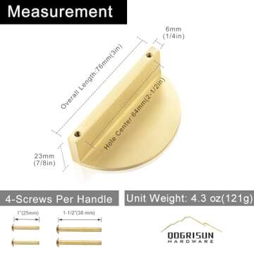 QOGRISUN 5-Pack Solid Brass Cabinet Pulls, Gold Half Moon Drawer Dresser Handles, 2-1/2-Inch Hole Center, 3-Inch Overall Length, Kitchen Cupboard Hardware, Brushed Brass Finish