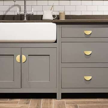 QOGRISUN 5-Pack Solid Brass Cabinet Pulls, Gold Half Moon Drawer Dresser Handles, 2-1/2-Inch Hole Center, 3-Inch Overall Length, Kitchen Cupboard Hardware, Brushed Brass Finish