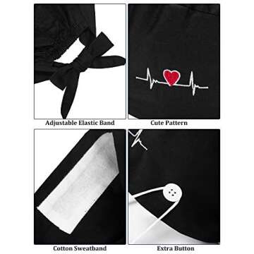 SATINIOR 5 Pieces Bouffant Cap with Buttons Unisex Sweatband Adjustable Tie Back Hat (Black), Medium