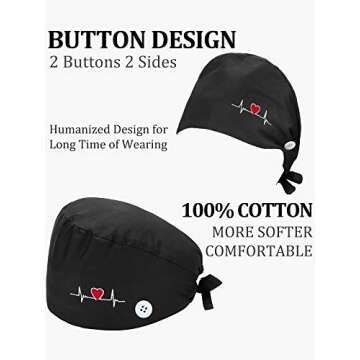 SATINIOR 5 Pieces Bouffant Cap with Buttons Unisex Sweatband Adjustable Tie Back Hat (Black), Medium