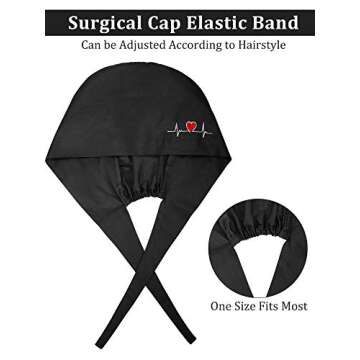 SATINIOR 5 Pieces Bouffant Cap with Buttons Unisex Sweatband Adjustable Tie Back Hat (Black), Medium