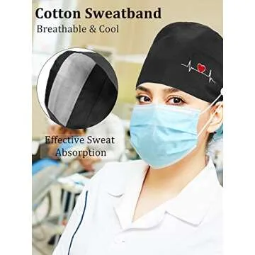 SATINIOR 5 Pieces Bouffant Cap with Buttons Unisex Sweatband Adjustable Tie Back Hat (Black), Medium