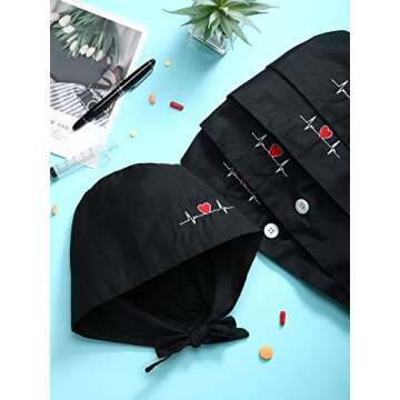 SATINIOR 5 Pieces Bouffant Cap with Buttons Unisex Sweatband Adjustable Tie Back Hat (Black), Medium