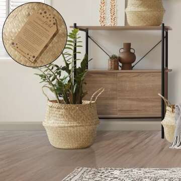 Casafield Seagrass Belly Storage Basket Planter with Handles - Large, Natural Woven Wicker Indoor Pl...