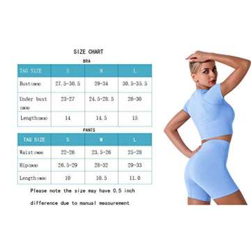 Women's Seamless Yoga Outfits Two Pieces Workout Short Sleeve Crop Top Sports Bra + High Waisted Running Shorts Sets Biker Activewear Athletic Fitness Gym Sexy Active Tracksuit Light Blue Small