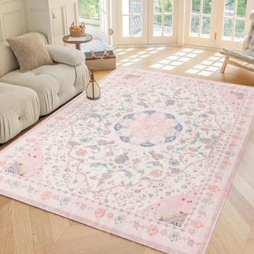 Auruge Area Rug - Vintage 5x7 Non-Slip Backing Area Rugs Light Pink Soft Faux Wool Carpet Foldable &...