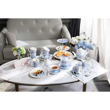 London Boutique 3 Tiered Cake Stands Afternoon Tea Porcelain Shabby Chic Vintage Rose Flora in Gift Box (Rose Blue)