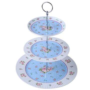 London Boutique 3 Tiered Cake Stands Afternoon Tea Porcelain Shabby Chic Vintage Rose Flora in Gift Box (Rose Blue)