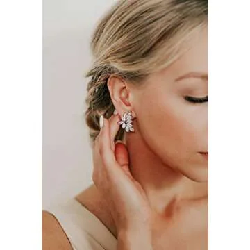 SWEETV Bridal Wedding Earrings for Brides Bridesmaid, Marquise Cubic Zirconia Rhinestone Cluster Earrings for Women, Prom, Silver