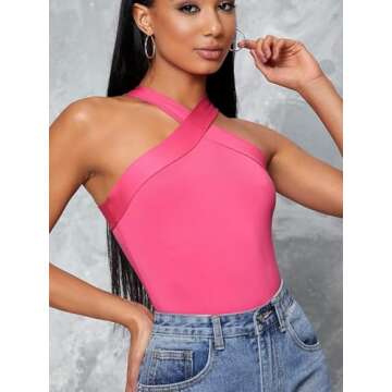 Floerns Hot Pink Criss Cross Halter Top for Women