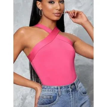 Floerns Hot Pink Criss Cross Halter Top for Women