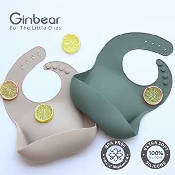 Ginbear Silicone Bibs for Babies, Waterproof Baby Feeding Bibs with Food Catcher Pocket, Adjustable ...